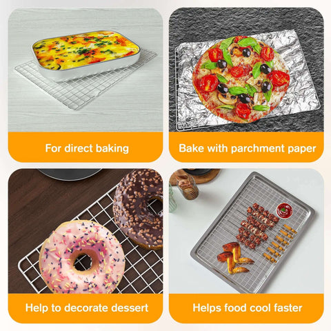 Collage of dishes on 2 Pack Heavy Duty Stainless Steel Cooling Racks For Cooking And Baking, 10x15 Inch Wire Rack Set