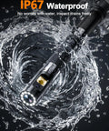 Ultra Slim 0.24 Inch Borescope With 210 Degree Dual Lens, 1080P Endoscope Camera, Built In Light, IP67 Waterproof 5FT Snake Inspection Cam For Automotive Engine And Industrial Use, TF Card Included showing waterproof probe in water splash