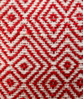 Close-up of Alston Outdoor Modern Boho Pouf Ivory With Red Pattern Handcrafted Woven Concentric Diamond Design Perfect For Patio Or Living Room Decor