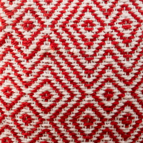Close-up of Alston Outdoor Modern Boho Pouf Ivory With Red Pattern Handcrafted Woven Concentric Diamond Design Perfect For Patio Or Living Room Decor