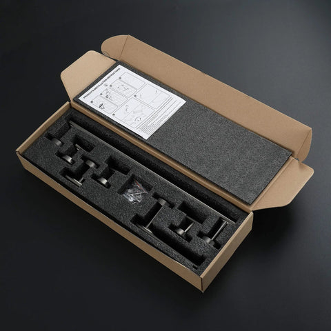 Packaging of Six Piece Brushed Gun Metal Bathroom Hardware Set With 18 Inch Towel Bar Toilet Paper Holder Four Robe Hooks
