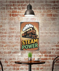 Old School Cool Dope Retro Steam Locomotive Metal Sign For Living Rooms Cafes Garages Vintage Tin Decor 12 x 8 Inches Durable Iron With High Resolution Print And Long Lasting Color displayed on a brick wall above a cafe table.