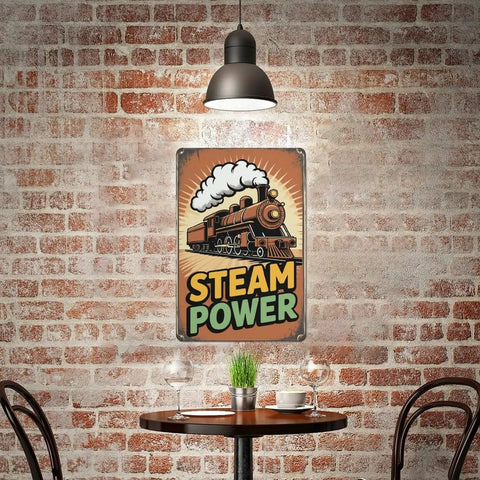 Old School Cool Dope Retro Steam Locomotive Metal Sign For Living Rooms Cafes Garages Vintage Tin Decor 12 x 8 Inches Durable Iron With High Resolution Print And Long Lasting Color displayed on a brick wall above a cafe table.