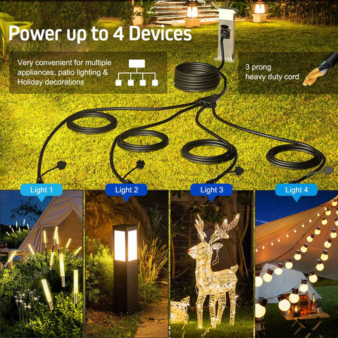 Black 4 Outlet Extension Cord Splitter For Indoor Outdoor Use, 46 Ft Total Length, 16/3 Gauge, 3 Prong Plug With Weatherproof Covers