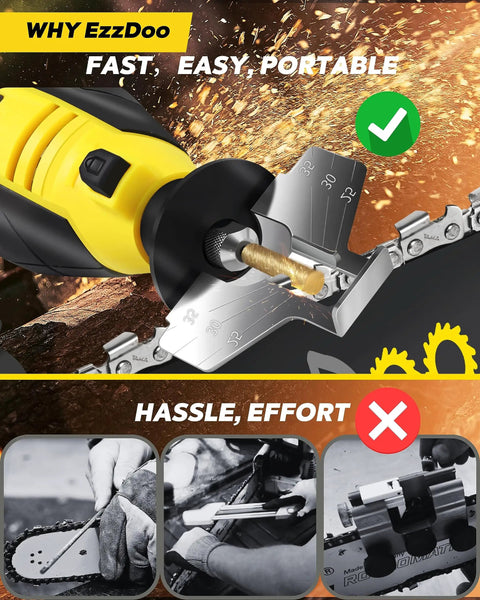 Cordless Chainsaw Sharpener Kit With 12V Power Portable On The Go Sharpening Tool showing use with titanium-coated bit on chain