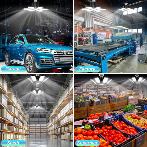 Six Pack 200W LED Garage Lights With E26 E27 Base 6500K Daylight 22000 Lumens illuminating car, workshop, warehouse, and store.