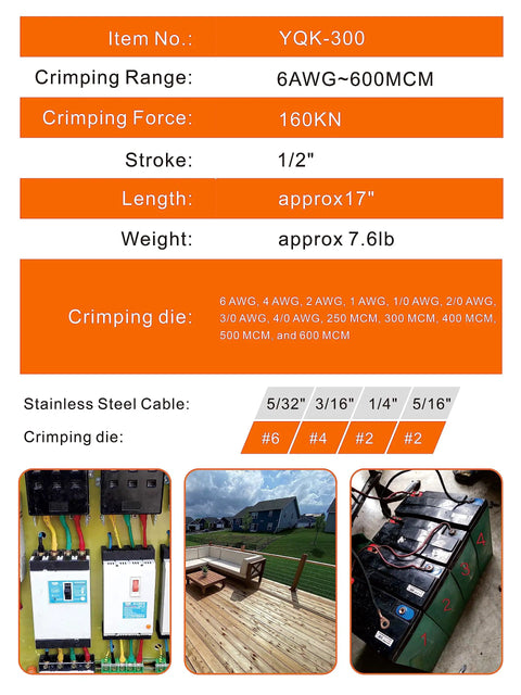 Hydraulic Cable Lug Crimper 8 Ton Tool Kit For 12 AWG To 2 0 AWG Wires With 9 Die Set Hexagon Crimp Dies 14mm Stroke 420mm Length 3.5kg