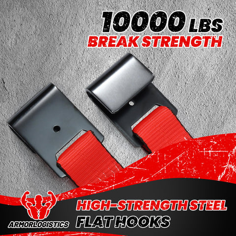 Close-up of Beefy 2 Pack Tow Dolly Straps With Flat Hooks, high-strength steel, 10000 lbs break strength, red straps visible.