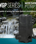 115V Dual Discharge Submersible Pond Pump With Beefy 4280 GPH, Oil-Free Direct-Drive Waterfall Pump For Ponds, Two 1.25-Inch FNPT Outlets With Included 1.25-Inch Barbed Elbow, Black in front of a cascading waterfall