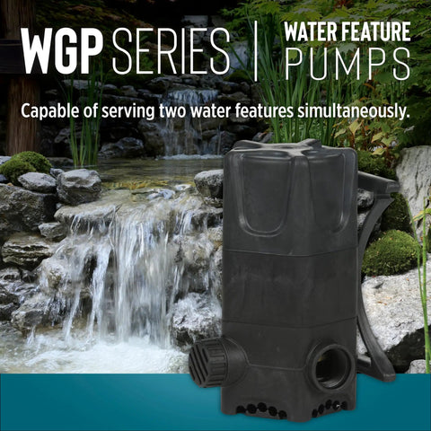 115V Dual Discharge Submersible Pond Pump With Beefy 4280 GPH, Oil-Free Direct-Drive Waterfall Pump For Ponds, Two 1.25-Inch FNPT Outlets With Included 1.25-Inch Barbed Elbow, Black in front of a cascading waterfall