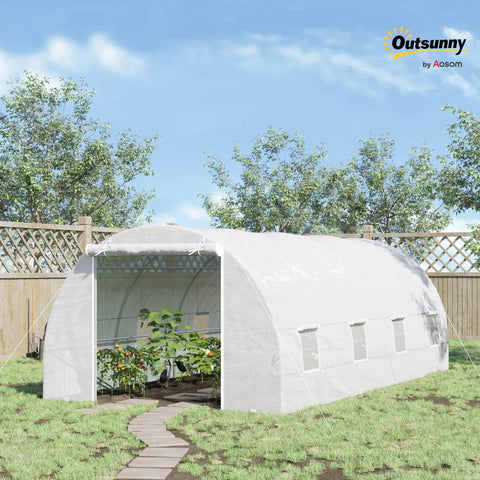 Walk-In 20 Ft Long By 10 Ft Wide By 7 Ft High Greenhouse With Zippered Door And 8 Mesh Windows, Galvanized Steel Frame, outdoor view.