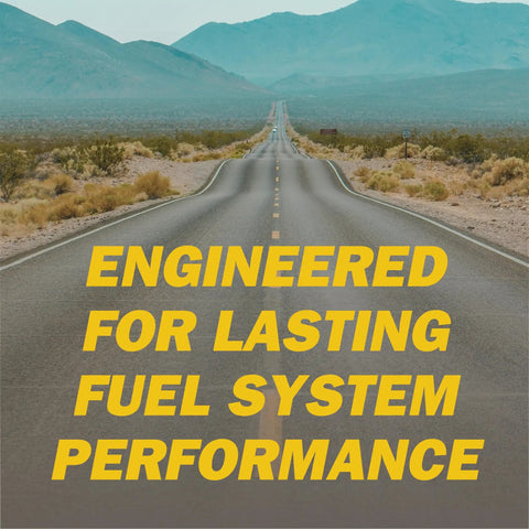 Open road with text 'Engineered For Lasting Fuel System Performance' depicting benefits of All In One ATF Transmission Fluid For Automatic Transmissions Power Steering Torque Converters And Hydraulic Drives Dexron III, II E, Ford Mercon Compatible Keeps Your Ride Shifting Smooth In High Mileage Cars Reduces Slipping And Rough Shifts 1 Liter
