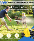 A man and child using Self Priming 110V Diaphragm Water Pump With 4.0 GPM At 45 PSI, Automatic On Demand, Energy Saving, in garden.