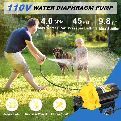 A man and child using Self Priming 110V Diaphragm Water Pump With 4.0 GPM At 45 PSI, Automatic On Demand, Energy Saving, in garden.
