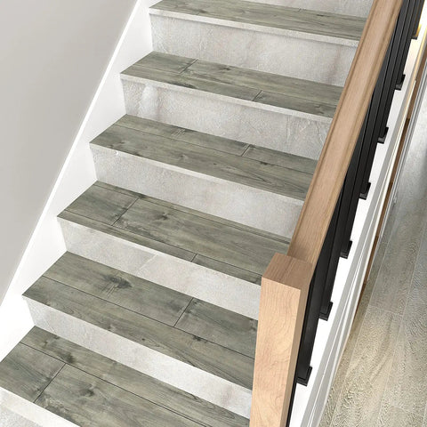 Peel And Stick Waterproof Floor Tiles In Blue Reclaimed Wood Look Vinyl Plank Flooring 6 By 36 Inch Planks DIY Friendly 36 Pack on stairs