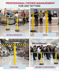 Two Pack Stanchion Belt Barrier Set With 11 Foot Retractable Belts Black And Yellow Posts in retail, bank, facility, and security settings.