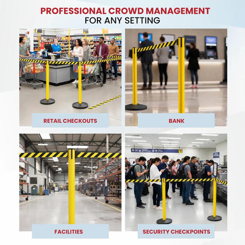 Two Pack Stanchion Belt Barrier Set With 11 Foot Retractable Belts Black And Yellow Posts in retail, bank, facility, and security settings.