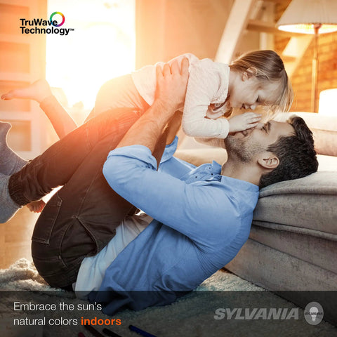 Father and child playing in sunlit living room, showcasing TruWave Natural Series Decor Globe LED Bulb G16.5 soft light ambiance.