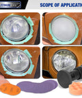 Car Headlight Restoration Kit with 3 Inch Lens Polishing Discs and Buffing Pads shown on car headlight before and after