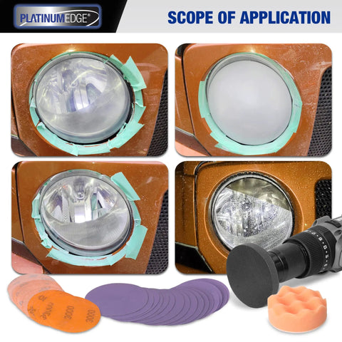 Car Headlight Restoration Kit with 3 Inch Lens Polishing Discs and Buffing Pads shown on car headlight before and after