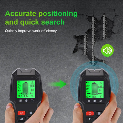 GYZOUKA 5 in 1 Wall Scanner Detector Stud Finder for Hanging Shelves displaying measurement screen and buttons in use.