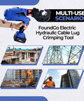 Hand holding No Sweat Heavy Duty Electric Hydraulic Cable Lug Crimper 12 Ton Terminal Crimping Pliers for construction and maintenance.