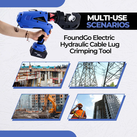 Hand holding No Sweat Heavy Duty Electric Hydraulic Cable Lug Crimper 12 Ton Terminal Crimping Pliers for construction and maintenance.