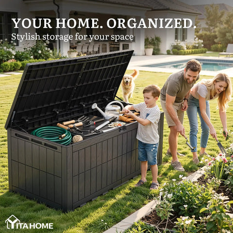 Family using Extra Large 240 Gallon Outdoor Deck Box With Locking Lid Waterproof Resin Storage Bench for garden tools.