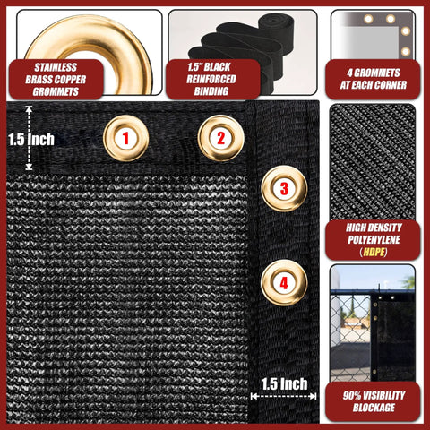 Close-up of 4 Foot By 50 Foot Privacy Fence Screen For Chain Link Fences, featuring bindings, grommets, and 90% blockage material.