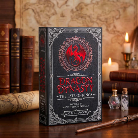 Gothic Fantasy Book Safe With Real Pages And Combo Lock Box, Crimson Dragon Crest Decor, displayed on a wooden desk.