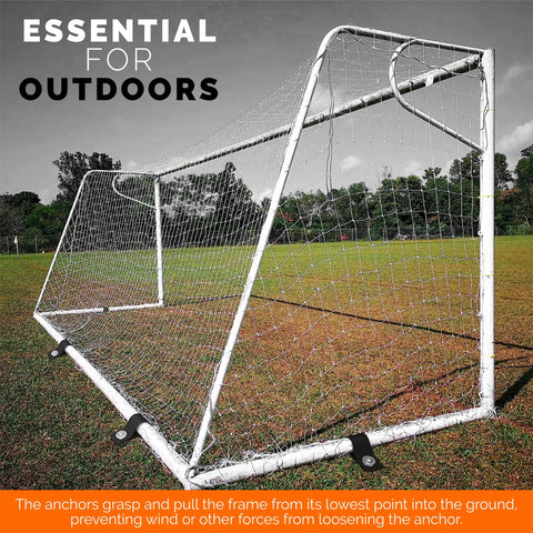 Heavy Duty Trampoline Wind Anchors Kit With Stakes And Straps securing a soccer goal on a grassy field for stable outdoor setup.