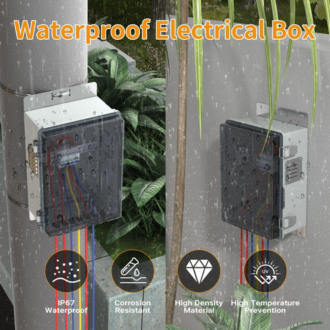 Outdoor Waterproof Electrical Junction Box IP67 Weatherproof Enclosure For Outdoor Wiring Dustproof And Ventilated For Heat Dissipation 11.8 By 6.7 By 5.6 Inches Tough As Nails All Weather Stainless Steel Shell mounted outdoors