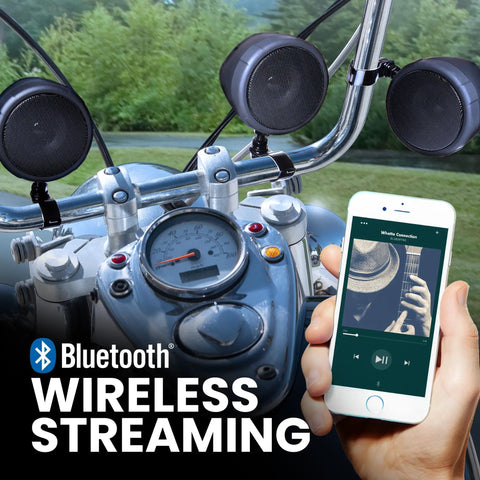 MCBK470B Motorcycle Bluetooth Speaker System With Class D Amplifier 3 Inch Weatherproof Speakers on a bike with phone