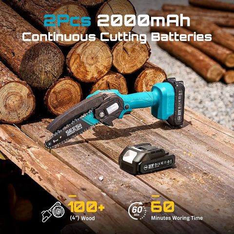 Six Inch Cordless Mini Chainsaw With Two Batteries shown on wood pile, highlighting 21V 2000mAh battery and 60 minute working time.