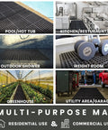 Interlocking Rubber Floor Mat For Indoor And Outdoor Use Anti Fatigue With Drainage Holes Restaurant Kitchen Bar Safety Mat Non Slip Durable 36 Inch Square Tile shown in various settings like kitchens and garages.