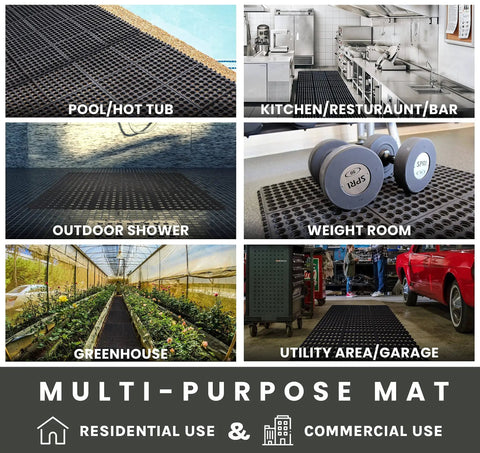 Interlocking Rubber Floor Mat For Indoor And Outdoor Use Anti Fatigue With Drainage Holes Restaurant Kitchen Bar Safety Mat Non Slip Durable 36 Inch Square Tile shown in various settings like kitchens and garages.