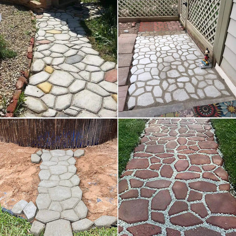 Two Pack DIY Concrete Path Maker For Garden Walkway Stones Molds showing varied walkway designs with paving stones outdoors