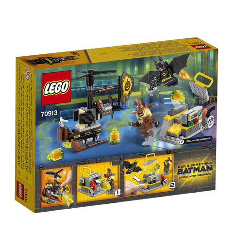 Box of Batman Movie Scarecrow Fearful Face Off 70913 Building Kit with two minifigures, gyro copter, and power plant mini build