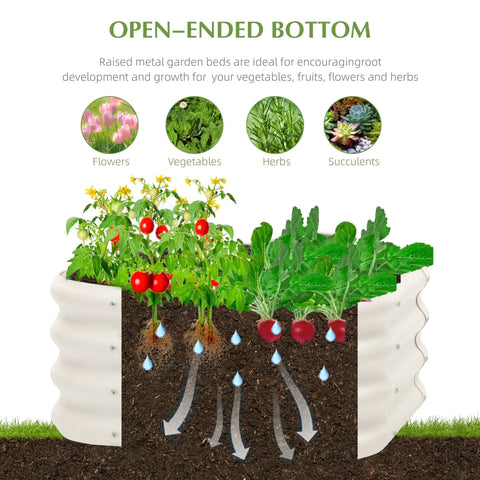 Cross-section of Two Pack 2 By 1 Foot Galvanized Raised Garden Bed Kit For Outdoor Planting And Gardening, Deep 12 Inch Bed With Durable Metal Planter Box And Open Bottom Drainage For Deep Rooted Plants showing water flow and plant growth.