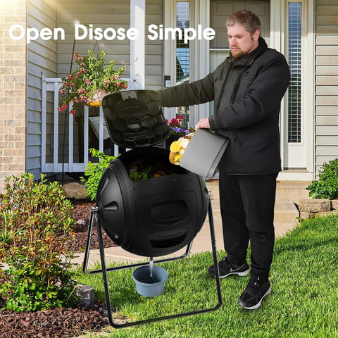 Person using Heavy Duty 35 Gallon Tumbling Compost Bin With Easy Drain Plug For Liquid Collection Rotating Outdoor Garden Waste Container Built To Last UV Protected Blue in a garden