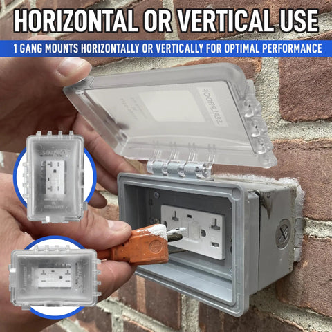 Lockable Weatherproof 1 Gang Outdoor Outlet Cover With Slim Low Profile Design showing horizontal installation on brick wall