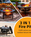 Big 42 Inch Outdoor Fire Pit With Two Grills For Wood Or Charcoal Burning, Heavy Duty Metal Round Fireplace With Cover And Poker