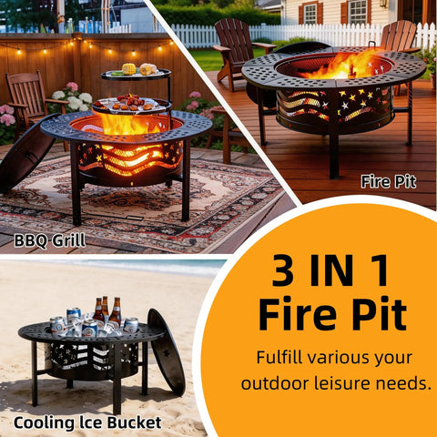 Big 42 Inch Outdoor Fire Pit With Two Grills For Wood Or Charcoal Burning, Heavy Duty Metal Round Fireplace With Cover And Poker
