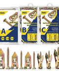 Three Size Self Drilling Drywall Anchors Kit With Zinc Plated Metal Anchors 120 Pieces Organized In Three Separate Boxes For Easy Size Selection Portable Durable For Strong Wall Mounts And Quick Installations displayed with screws and anchors sorted in labeled boxes A, B, C.