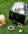 Disco Ball Helmet With Retractable Visor 5 Piece Glitter Mirror Jewelry Set For Women Party DJ Club Stage Bar Costume Accessories Silver Shine For Retro Vibes Turn Heads And Runway Party Looks on grass