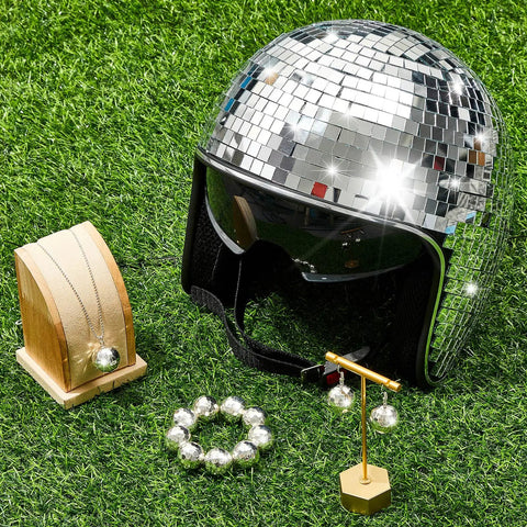 Disco Ball Helmet With Retractable Visor 5 Piece Glitter Mirror Jewelry Set For Women Party DJ Club Stage Bar Costume Accessories Silver Shine For Retro Vibes Turn Heads And Runway Party Looks on grass