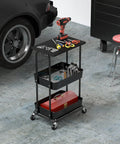 Two Tier Rolling Utility Cart With Wood Top And Lockable Wheels Metal Storage Trolley in garage with tools and wheels visible