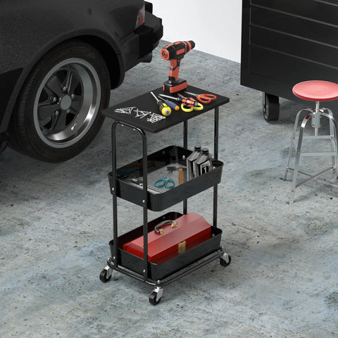 Two Tier Rolling Utility Cart With Wood Top And Lockable Wheels Metal Storage Trolley in garage with tools and wheels visible