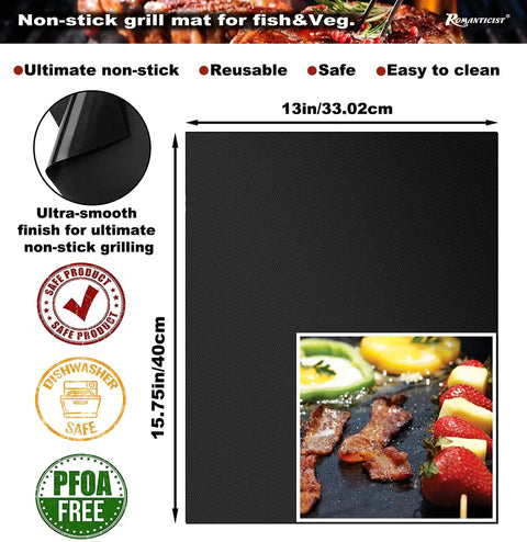 Non-stick grill mat from 28 Piece Kickass BBQ Tool Set With Thermometer In Heavy Duty Stainless Steel Case for outdoor grilling.