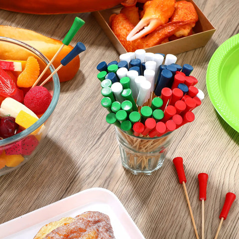 Multicolor Golf Tee Picks Set Of 500 For Appetizers And Party Decor Bamboo Toothpicks In Red Blue Green White displayed in a glass